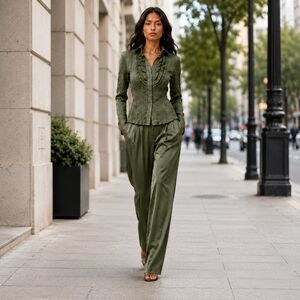 Neslay Women’s Olive Green Ruffle Pintuck Button Front Blouse Career Office Chic